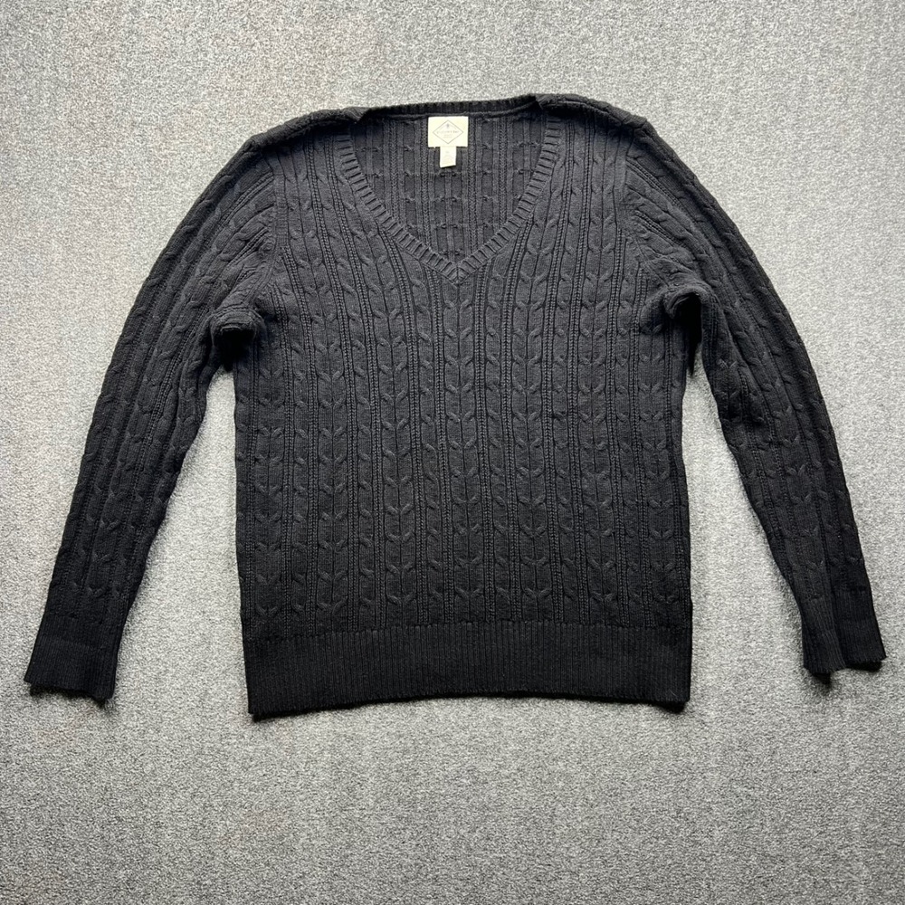 St John's Bay Sweater Womens XL Black Cable Knit V-Neck Cotton Blend Pullover